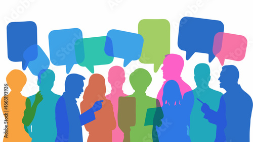 Silhouetted people with colorful speech bubbles representing communication and social interaction concept