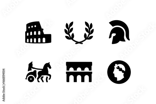 Roman icon set featuring colosseum, laurel, gladiator helmet, chariot, arch, and caesar silhouette