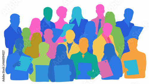Colorful silhouettes of diverse people stand together in a group holding documents and looking forward