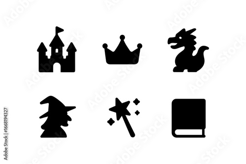 Fantasy silhouette icons featuring castle, crown, dragon, wizard, wand, and book