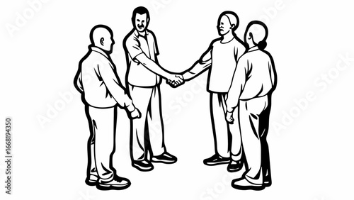 Illustration of four men standing in a circle with two men shaking hands in the center of the group