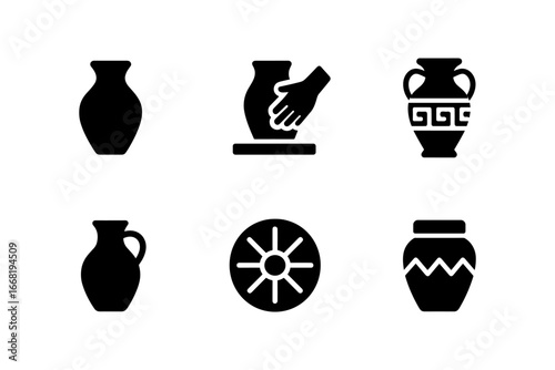 Black silhouette icons of pottery and ceramic art with various designs