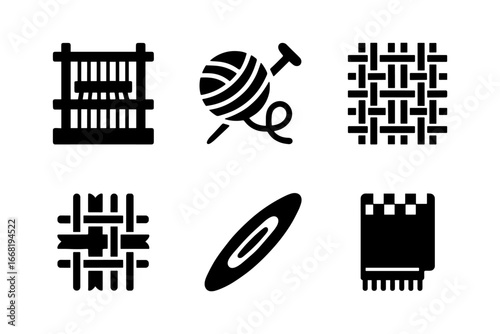 Silhouette icons of weaving tools and patterns for textile design