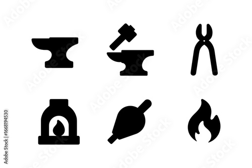 Blacksmith tools silhouette icons: anvil, hammer, tongs, furnace, bellows, fire