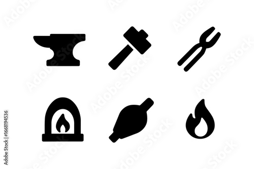 Blacksmith tools set: anvil, hammer, forge, and more silhouette icons
