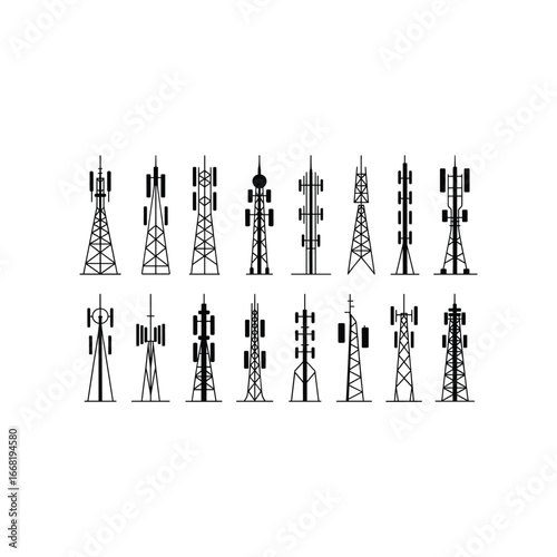 Collection of various cell tower and telecommunication mast icons showing different designs and structures