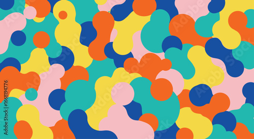 Vibrant abstract pattern with colorful organic blob shapes in orange, yellow, blue, teal, and pink, creating a playful and modern background.