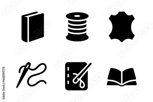Sewing essentials: icons of needles, threads, leather, and books in silhouette style