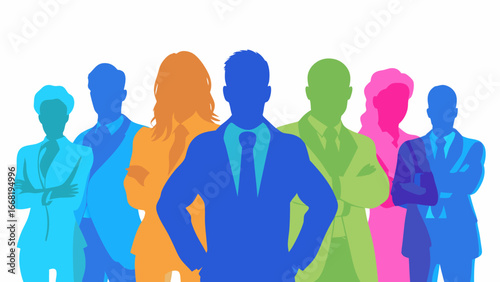 Silhouette illustration of diverse business team standing together in a group setting on a white background