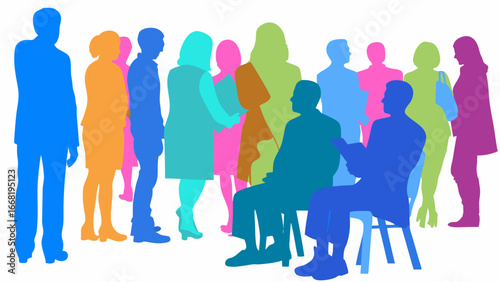 Colorful silhouettes of people standing and sitting in a group on a white background scene view