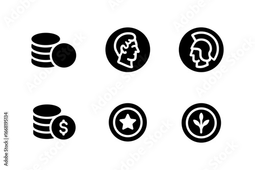 Minimalist icons of classical coins with faces and symbols