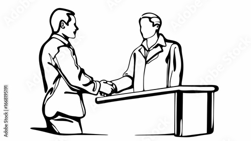 Two businessmen in suits shaking hands over a desk in a black and white line drawing illustration