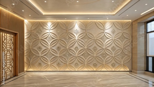 Luxurious interior with an ornate geometric relief wall and ambient lighting