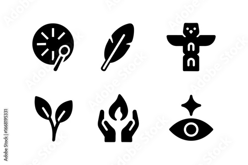 Minimalist nature and culture icons: sun, feather, totem, plant, fire, eye with star