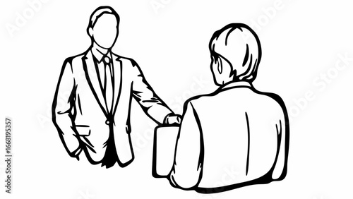 Two businessmen in suits in a meeting with one handing over a briefcase in a black and white drawing