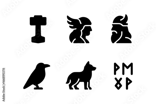 Norse mythology silhouettes: hammer, valkyrie, viking, raven, wolf, runes