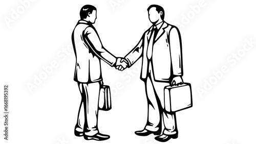 Two businessmen in suits shaking hands while holding briefcases in a monochrome illustration style