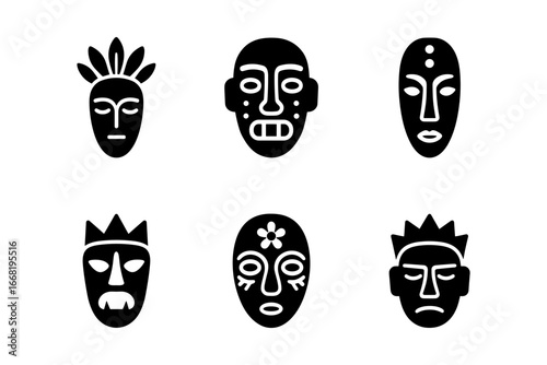 Geometric tribal mask icons - simple black and white designs