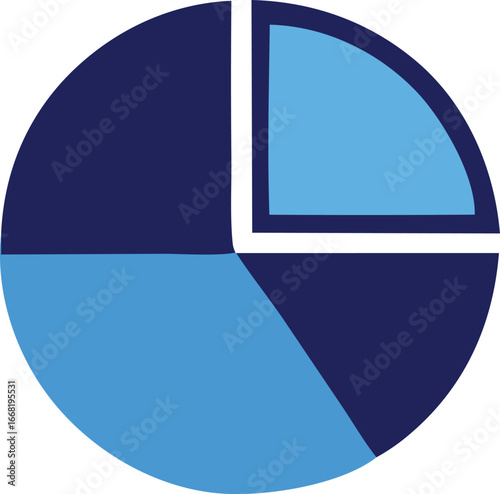 Simple pie chart icon in blue and dark blue representing data and analytics for business presentations and reports