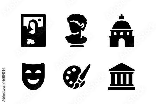 Classic art icons: museum, sculpture, architecture, paint palette, theater, masterpiece