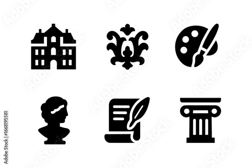Elegant silhouette icons of classical art and architecture elements