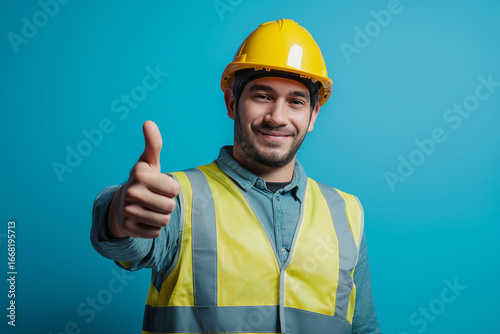 Photo of a construction worker wearing a safety helmet and reflective vest, giving a thumbs up, solid color background