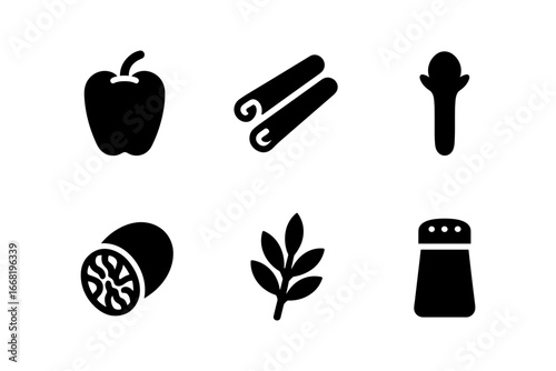Black silhouette icons of cooking ingredients: apple, cinnamon, clove, nutmeg, herb, salt shaker