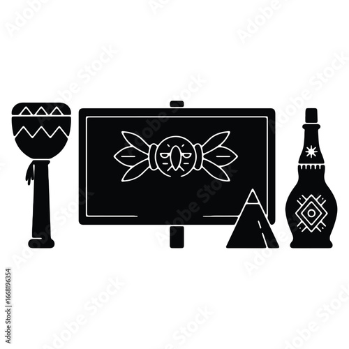Mayan culture depiction showcasing a drum a sign with an ancient mask a pyramid and a traditional bottle evoking the rich heritage and artistic traditions of Mesoamerica