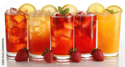 Five iced tea drinks, various flavors, with fruit garnishes
