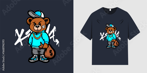 Cool teddy bear in metal style. Urban retro grunge. Cool slogan text. Vector illustration design for fashion graphics, t-shirt prints.