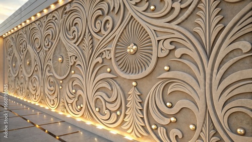 Ornate architectural stone wall with intricate carved patterns and decorative lighting