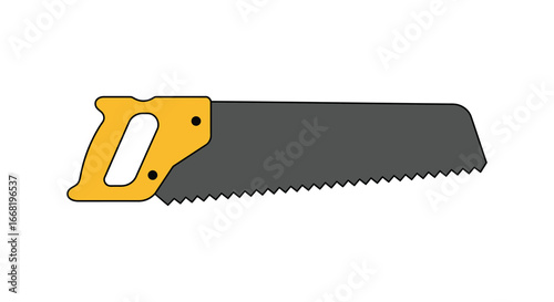A yellow handled handsaw with a black blade and serrated teeth