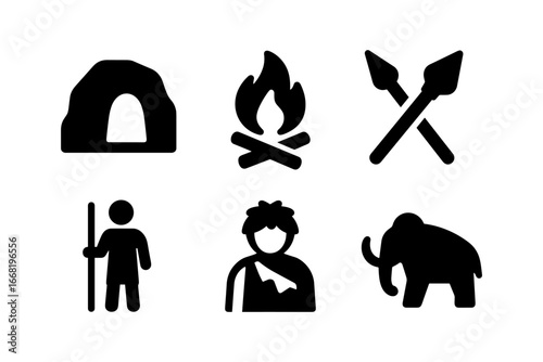 Prehistoric symbols: cave, fire, spear, hunter, mammoth in silhouette style
