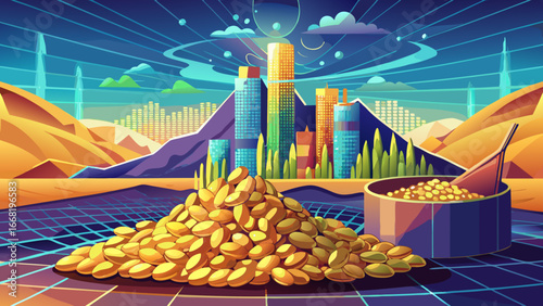 Towering Piles of Soybeans with Financial Visualization Chart
Golden soybeans rise in endless mounds, holographic charts shimmer above, weaving agriculture with technology, economy pulses through harv