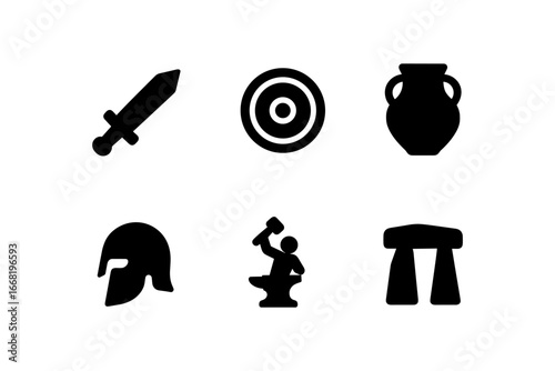 Ancient culture icons set: sword, target, pottery, helmet, blacksmith, stone structure