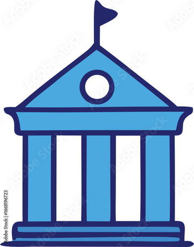 Classic blue government building facade with flag and columns symbolizing justice and civic life
