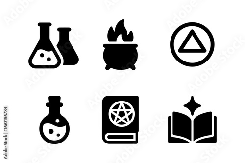 Alchemy and magic icons: potion bottles, spellbook, and mystical symbols in simple black design