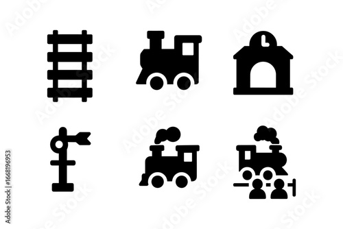 Minimalist train and railway icons set in simple silhouette style