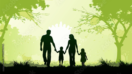 Silhouette of a family walking in a park with trees and a bright background at daytime scene is shown