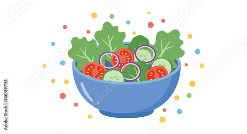 A blue bowl filled with mixed greens salad and colorful vegetables