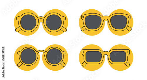 Four pairs of yellow cartoon sunglasses with different shapes and styles