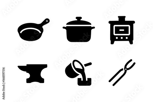 Silhouette icons of kitchen cookware and metalworking tools in bold black design