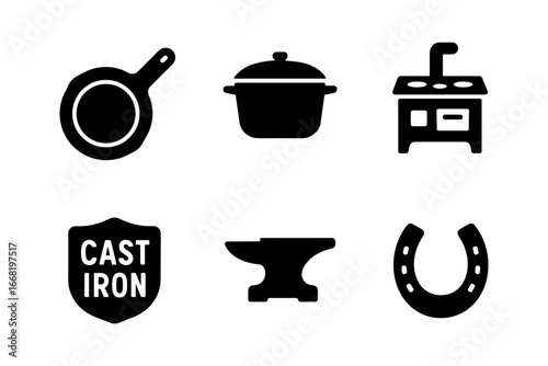 Silhouette icons of cast iron cookware and blacksmithing tools