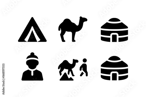 Nomadic adventure icons: camping, camel, and yurt silhouettes