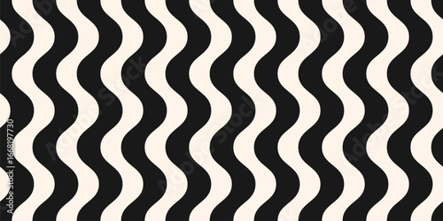 Minimal vector seamless pattern with vertical wavy lines, stripes, liquid shapes, bends. Simple black and white abstract waves texture. Monochrome striped background. Stylish all-over repeated design