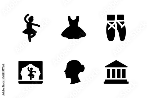 Silhouette ballet icons: dancer, dress, pointe shoes, stage, profile, theater
