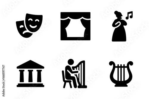 Theater and music icons: classic drama, performance, and musical elements in simple black design
