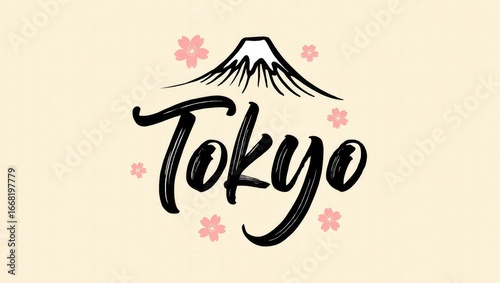 Decorative  Tokyo  typography with Mount Fuji silhouette and cherry blossoms, representing Japanese culture and travel. Generative AI.