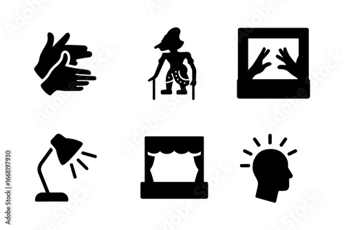 Silhouette icons of theater and performance: puppetry, mime, and stage elements