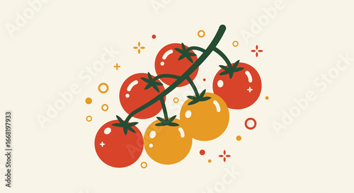 A bunch of red and yellow tomatoes on a vine with decorative elements